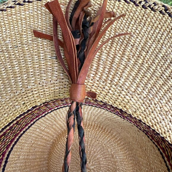 African Handwoven Elephant Grass Bolga Sun Hat Maroon Detail Leather Chinstrap - Picture 11 of 12
